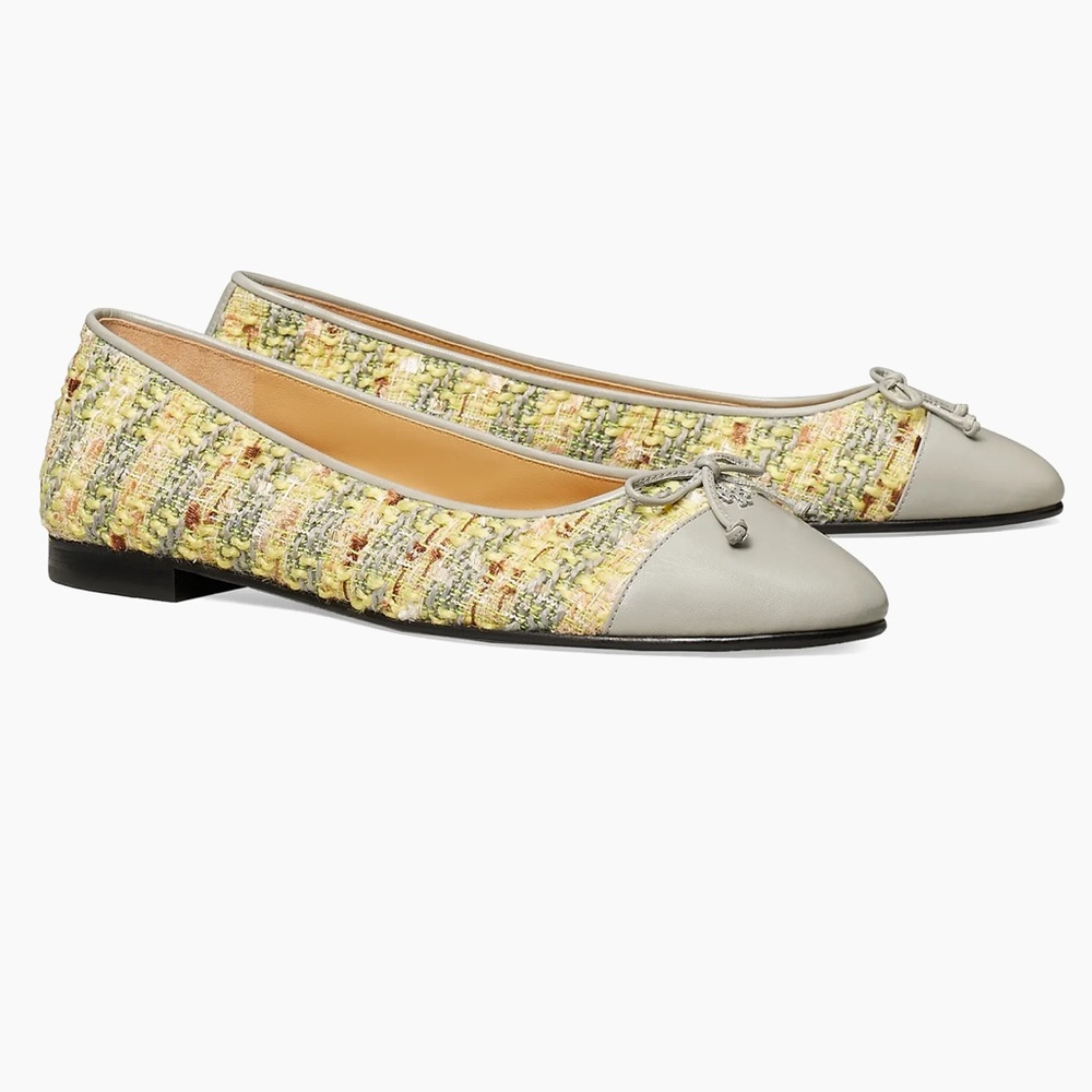 Tory Burch cap toe leather tweed ballet flats